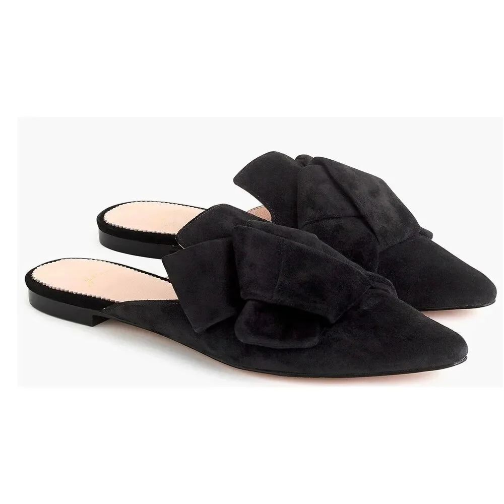 J Crew Womens Mule Size 8.5 Black Suede Bow Pointed Toe Slide Flat Slip On Shoe